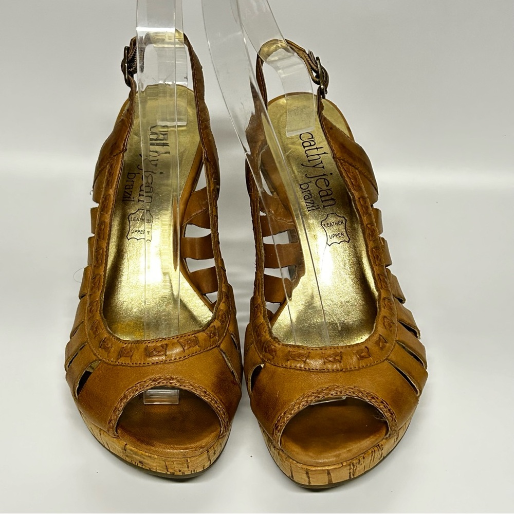 Cathy Jean Tan Leather Size 6 Wedge Slingback Peep Toe Sandal - Picture 2 of 5